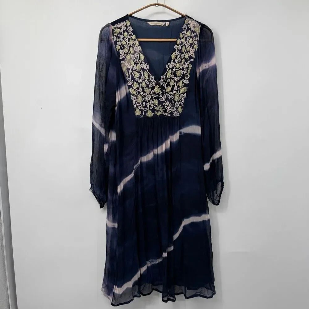 Soft Surroundings Blue Indigo Tie-Dye Embroidered Floral Himalaya Dress Medium